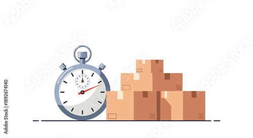 Stopwatch and cardboard boxes symbolizing fast delivery and efficient shipping