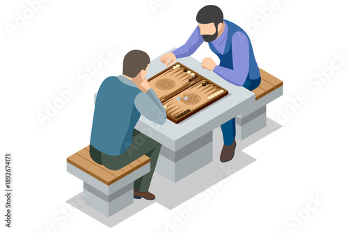 Backgammon board. Isometric backgammon board with chip and dice. Traditional tabletop game concept for strategy, logic and leisure illustration in classic wooden style.