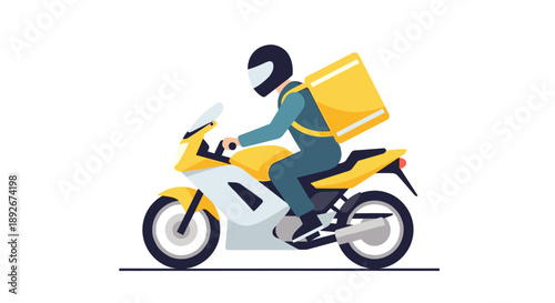 Delivery rider on motorcycle with parcel backpack in flat style
