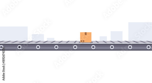 Flat design automated conveyor belt with moving box in modern warehouse