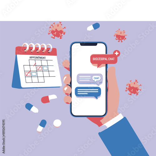 Telemedicine Online Medical Consultation via Smartphone Application, Managing Healthcare Appointments and Medication During a Pandemic Vector Illustration