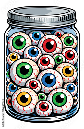 Cartoon style illustration of a jar of eyeballs depicting colorful bloodshot eyes for halloween
