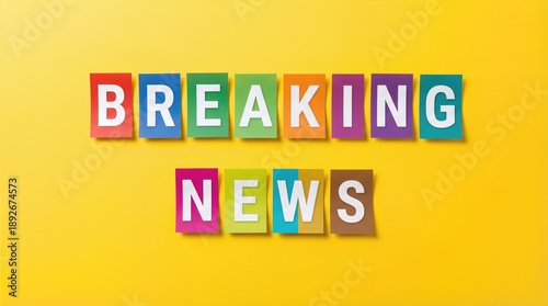 Colorful letters spelling out breaking news on a bright yellow background, showcasing vibrant paper cutouts arranged in a playful and eye-catching manner with copy space
