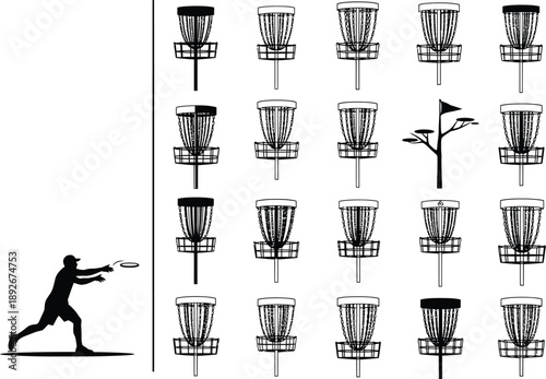 Disc Golf Baskets Collection: Various Designs and Styles of Disc Golf Targets with Player Silhouette for Sports Graphics