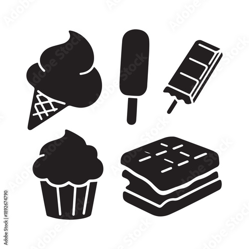  Minimalist dessert and sweet treat icons set ice cream chocolate cupcake silhouette. 