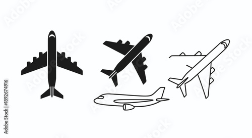 Minimalist black and white airplane silhouettes and outlines