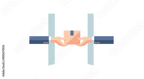 Flat design concept of package delivery with hands exchanging box through a door