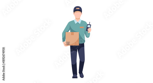 Delivery person carrying package and phone in modern flat design