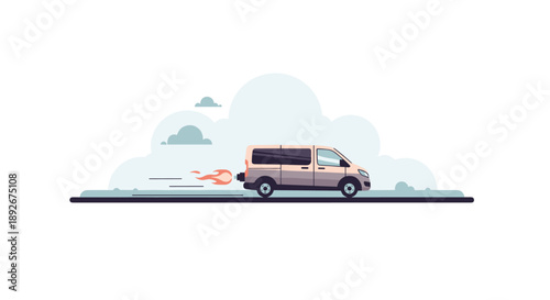 Fast delivery van in motion with cloudy background in flat style
