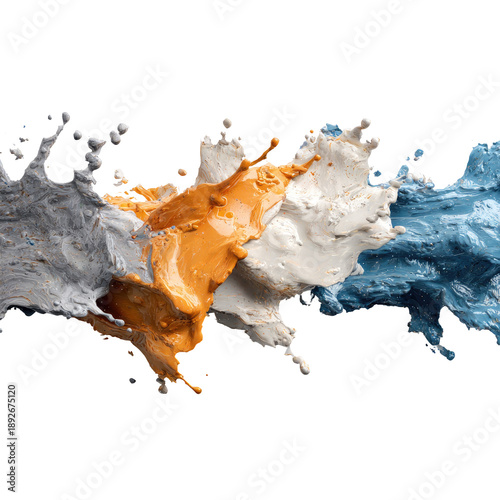 Paint splashes silver, orange, white, blue blend across a black backdrop