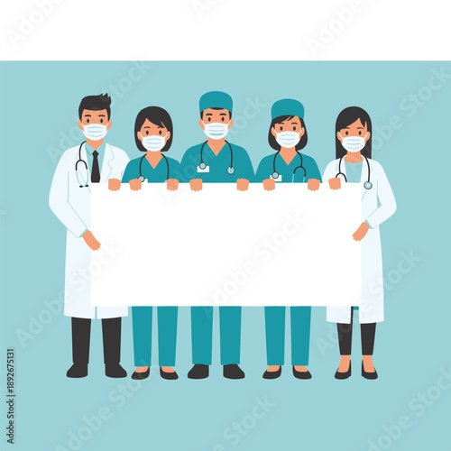 Diverse Healthcare Professionals Group Wearing Protective Face Masks Holding a Large Blank White Banner for Important Text or Design