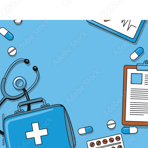 Medical Healthcare Illustration with a First Aid Kit, Stethoscope, Clipboard, and Various Pills on a Blue Background