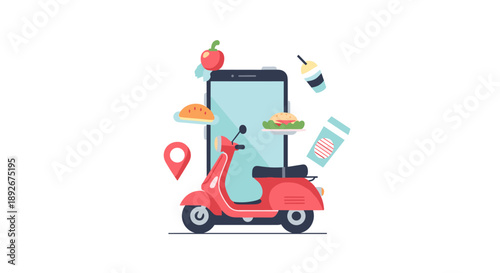 Fast food delivery via scooter and smartphone with location pin in flat style