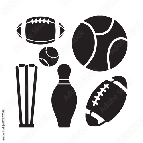 Sports Equipment Silhouettes Set Featuring Balls Wickets Bowling Pin Stumps and Protective.
