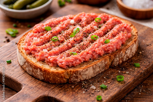 German Mettbrötchen with Raw Pork Mince on Rustic Bread