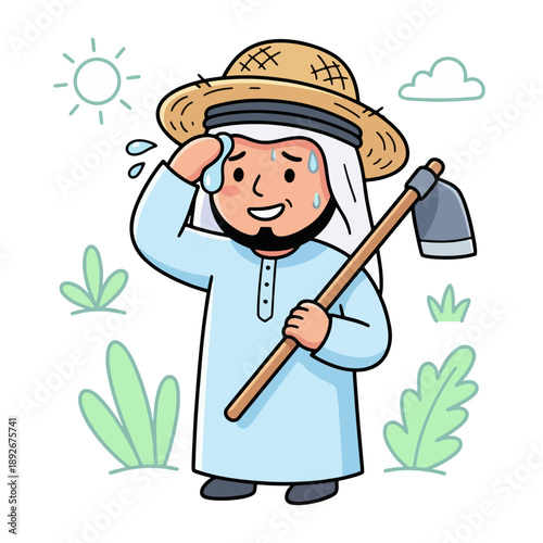 Cartoon Farmer Wiping Sweat with Hoe.