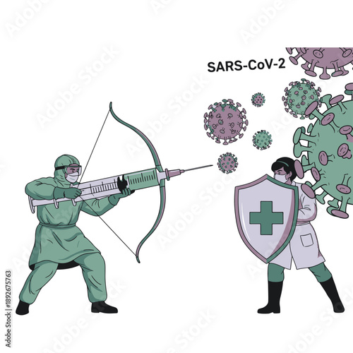 Healthcare Professionals Combatting Sars cov 2 Pandemic Using Vaccine Syringe Bow and Protective Shield Illustration