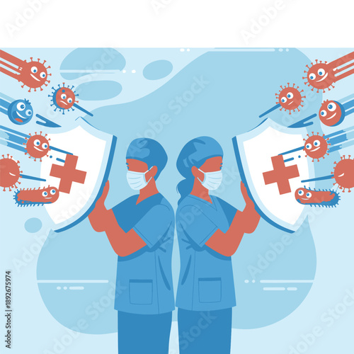 Medical Professionals in Masks Holding Shields Protecting Against Attacking Viruses and Bacteria, Symbolizing Global Healthcare Defense
