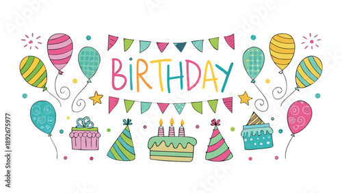 Colorful birthday celebration with balloons hats cakes and banners on white background