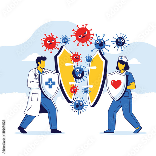 Healthcare Professionals, a Doctor and Nurse, Holding Protective Shields to Defend Against Threatening Virus Cells, Symbolizing Medical Immunity