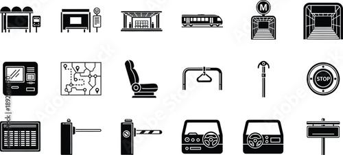 A comprehensive collection of public transportation, vehicle, and urban infrastructure icons