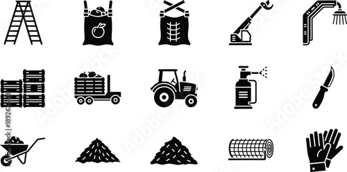 Agricultural farming tools and equipment icon set showcasing various farm-related activities