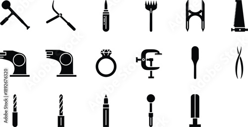 A large collection of tools, manufacturing equipment, and a jewelry ring icon set