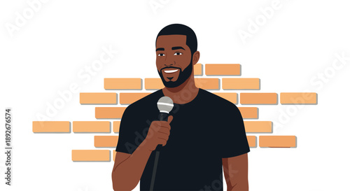 African American Man Speaking into Microphone during Stand-up Comedy or Presentation.