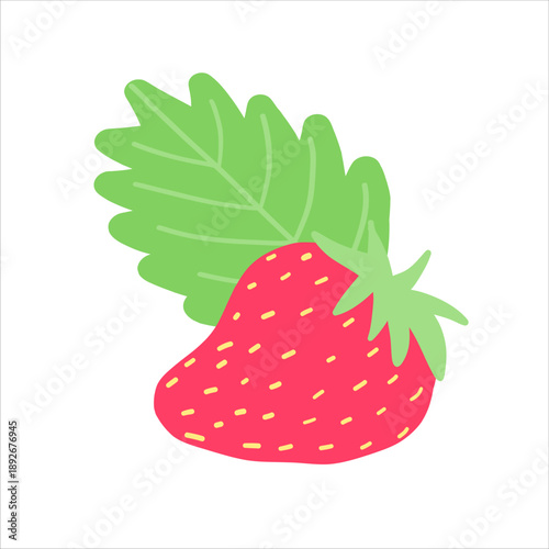 A juicy, hand-drawn strawberry with lush green leaves, perfect for natural, healthy lifestyle designs, summer fruit graphics, or fresh, organic food branding