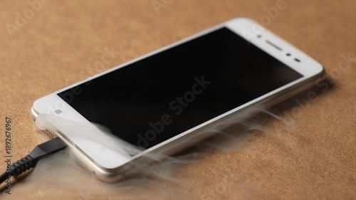 Overheated smartphone emitting smoke while charging on a table. Concept of battery failure, device damage, and technology risk. High-quality cinematic 4K footage