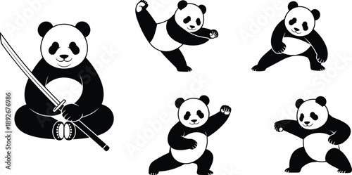 Black and white vector illustration set featuring cute panda characters practicing kung fu martial arts with a katana sword for Asian cultural design