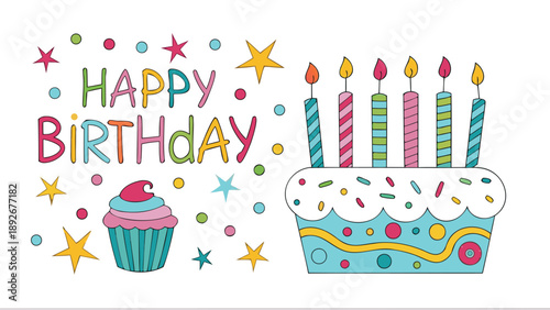 Colorful cartoon birthday cake and cupcake combo with candles and sprinkles