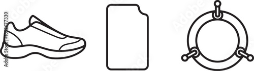 Set of black outline vector icons featuring athletic sneaker shoe and electronic components