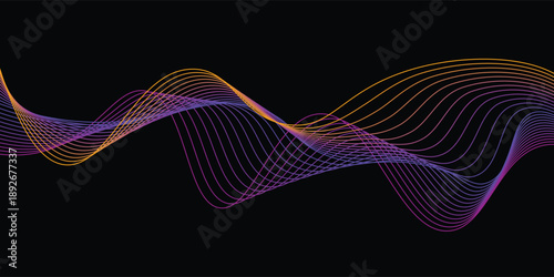 Neon flowing wavy lines on black background. Abstract sound wave design for ai concept, equalizer, audio record, voice assistant. Blue, pink orange gradient curve stripes. Vector wallpaper