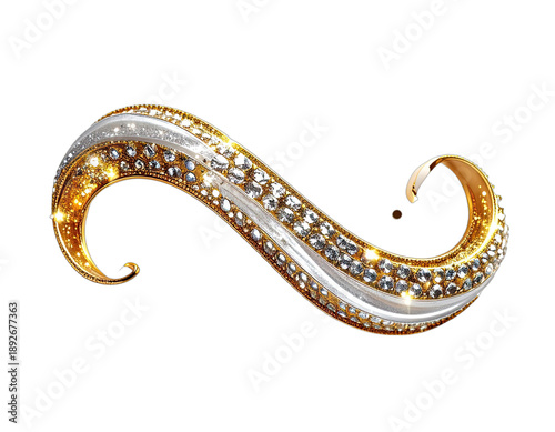 An ornate, S-shaped piece of jewelry featuring gold, silver, and numerous sparkling diamonds against a stark black background.