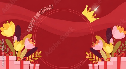Elegant Happy Birthday Red Background with Floral Gifts and Royal Crown Design