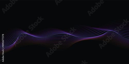 Neon flowing wavy lines on black background. Abstract sound wave design for ai concept, equalizer, audio record, voice assistant. Blue, pink orange gradient curve stripes. Vector wallpaper