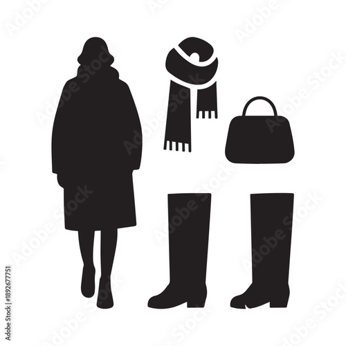 Winter Fashion Silhouettes Set Featuring Coat Scarf Overcoat Boot and Handbag Accessories Collection