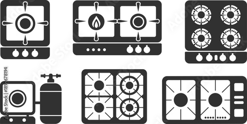 Black silhouette vector set featuring various gas stove burners kitchen cooktops and portable camping stoves with gas cylinders for home cooking and appliances design