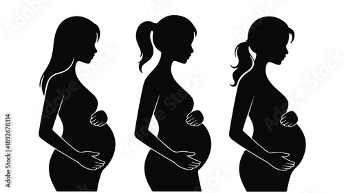 Set of Silhouette Profiles Representing Different Stages of Pregnancy and Maternity.