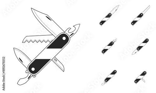 Pocket Knife Camp Tools, Line Art Vector, Black and White Illustration