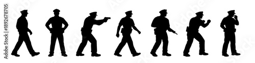 Police officer silhouettes in action poses. Professional law enforcement figures shown in profile