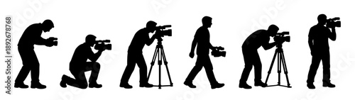 Cameraman silhouettes filming with professional video equipment. Media production figures using cameras and tripods