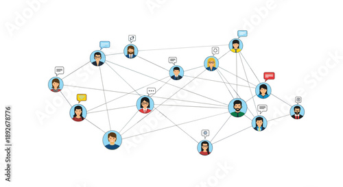 Peer to Peer Network Diagram with People Avatars and Chat Bubble Icons.