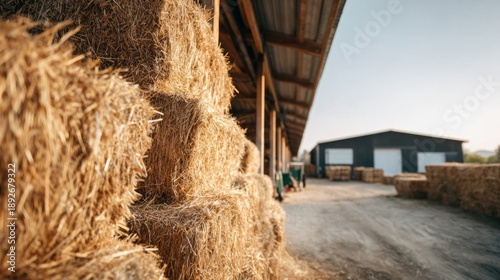 Cow farm storing hay bales under a barn roof at a rural farm, preparing for livestock feed in agricultural setting