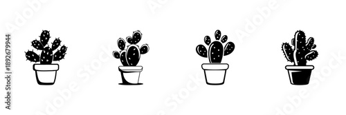 Potted Cactus Plants In Hand Drawn Style Set. Succulent Plant Collection For Home Decor And Gardening. Minimalist Botanical Doodle Sketch Collection. Isolated Vector Illustration