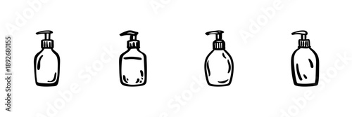 Hand Soap Dispenser Bottles In Hand Drawn Style Set. Hygiene And Personal Care Doodle Sketch Collection. Bathroom Essentials Illustration. Isolated Vector Illustration