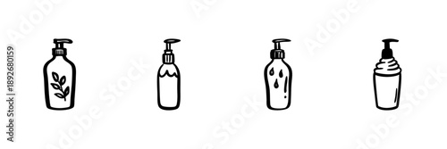 Hand Drawn Style Set Of Pump Bottles. Skincare, Hygiene, And Personal Care Doodle Sketch Collection. Organic, Moisturizing, And Cleansing Products. Isolated Vector Illustration