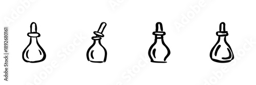 Glass Bottles With Stoppers In Hand Drawn Style Set. Vintage Apothecary, Essential Oils, Perfume Containers Doodle Sketch Collection. Decorative Glassware. Isolated Vector Illustration