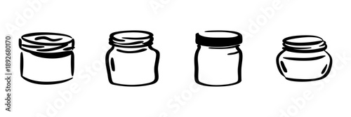 Four Jar Containers In Hand Drawn Style Set. Storage Solutions, Kitchen Organization, Food Preservation Doodle Sketch Collection. Versatile Household Use. Isolated Vector Illustration
